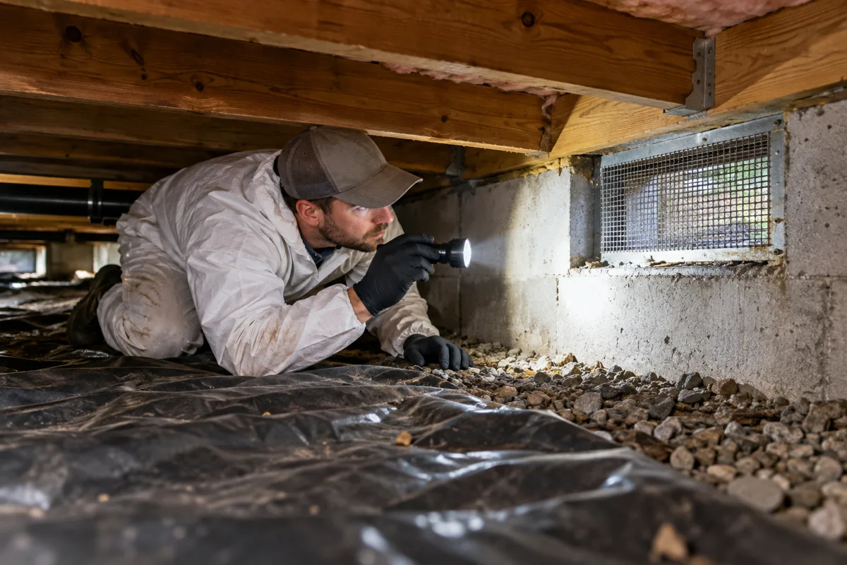 Rodent control professional inspecting a screened crawl-space vent and vapor barrier for rat entry signs in Corvallis